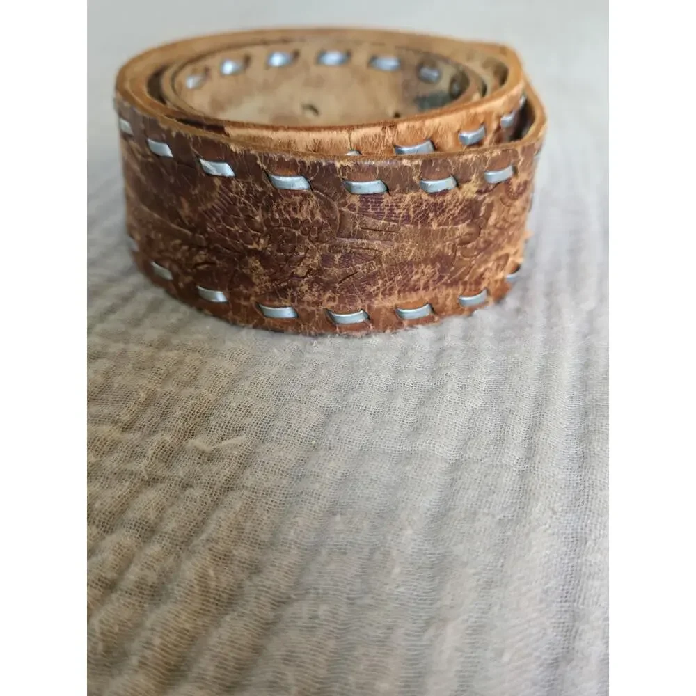 vintage TOOLED buckle belt LACED handcrafted 40 tapered ACORNS leather WESTERN